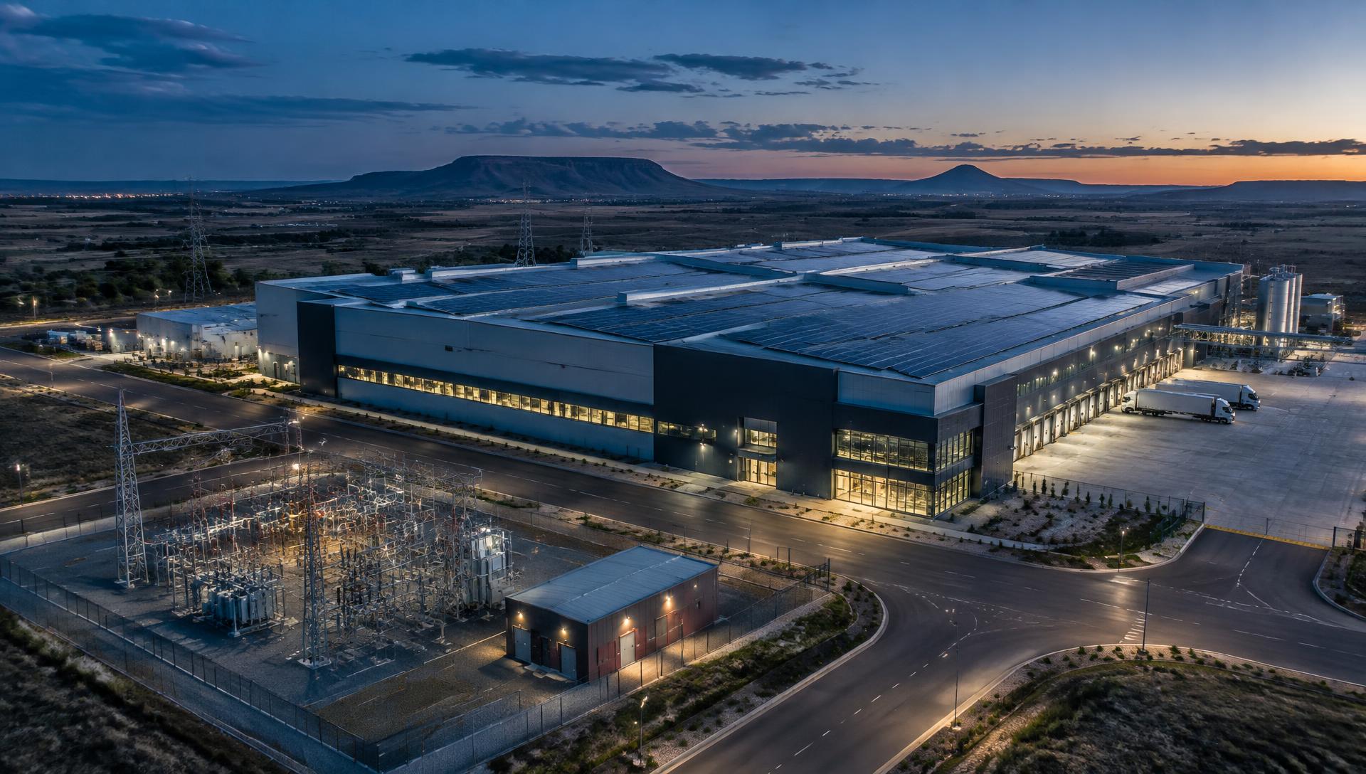 Large industrial facility with rooftop solar and electrical infrastructure